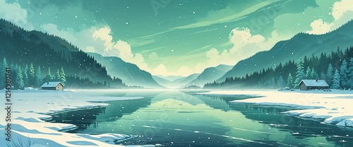 Frozen lake with hazy reflection of soft greenblue sky and light snow covering the shore illustration background design photo