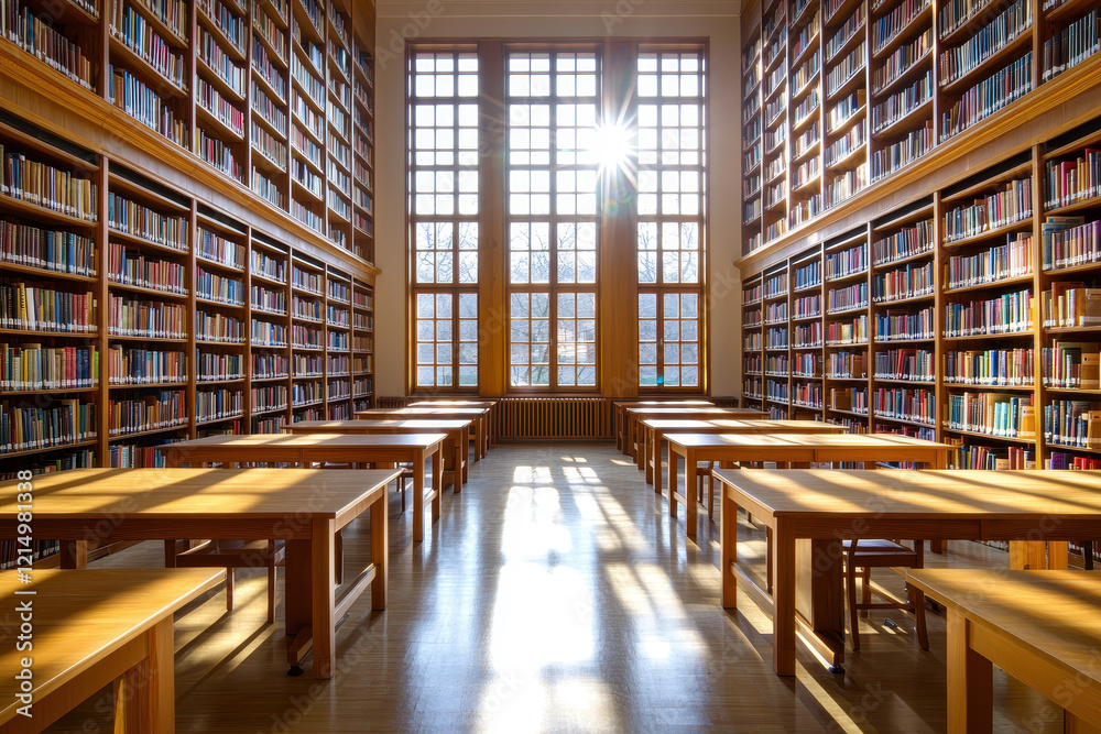 Bright and spacious library interior with wooden tables and bookshelves filled with books.