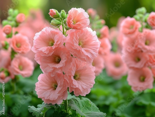 Delicate pink hollyhock blooms in a garden setting with blurred background