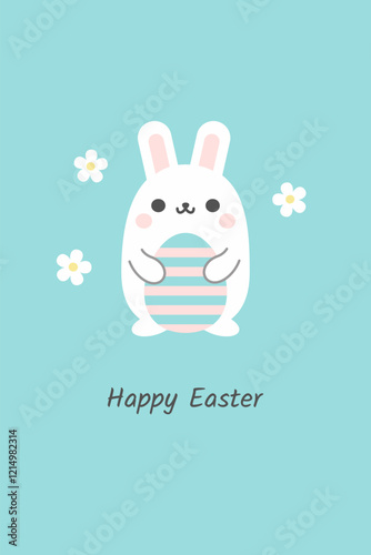 Happy Easter greeting card with cute Easter bunny, Easter egg, flowers minimalist vector illustration. Cartoon character in kawaii style and elegant pastel colors. Postcard, banner, ads flyer template