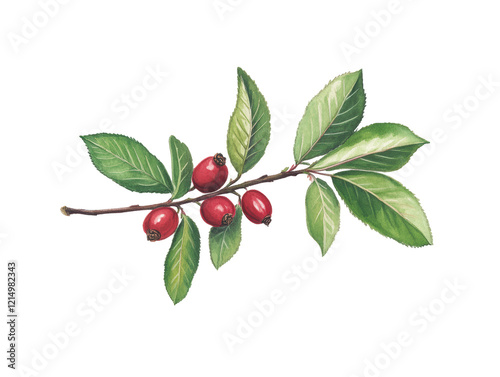 Isolated Branch with Red Berries and Green Leaves
