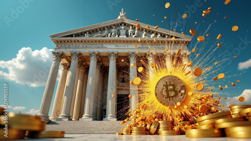 A Dramatic Neoclassical Bank with Golden Bitcoin Explosion, Ideal for Fintech Promotions, Cryptocurrency Articles, and Financial Webinars photo