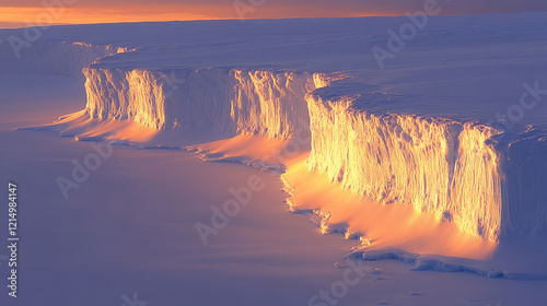 Aerial view of Antarctic ice shelf with small and large snow-covered ice blocks under warm sunlight pastel minimalistic bright tones creating a sense of calm and vast emptiness with blurred background