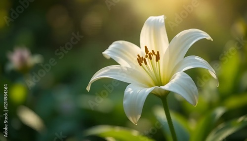 White lily in bloom with soft sunlight and blurred background in a summer garden