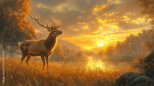 Majestic Elk at Sunset Golden Hour Wildlife Art Print photo