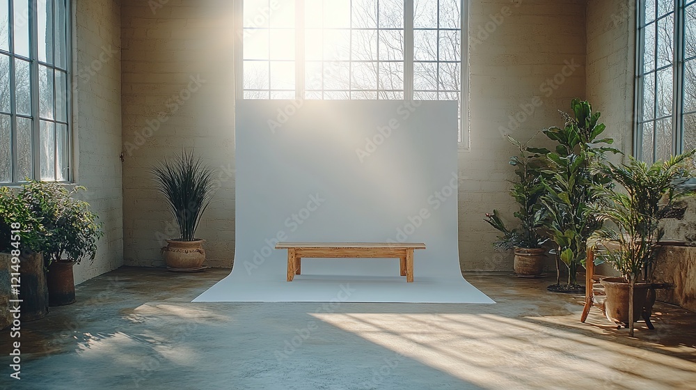 Sunlit Studio Room with Wooden Bench and Plants Sunlit Studio Room with Wooden Bench and Plants
