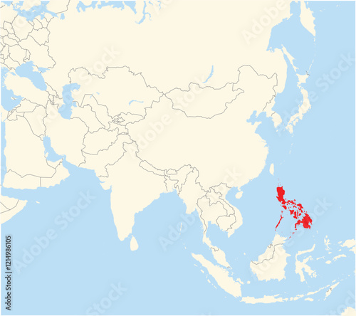 Location Map of the country Philippines in Asia. The country is highlighted with a red polygon. No labels at all.