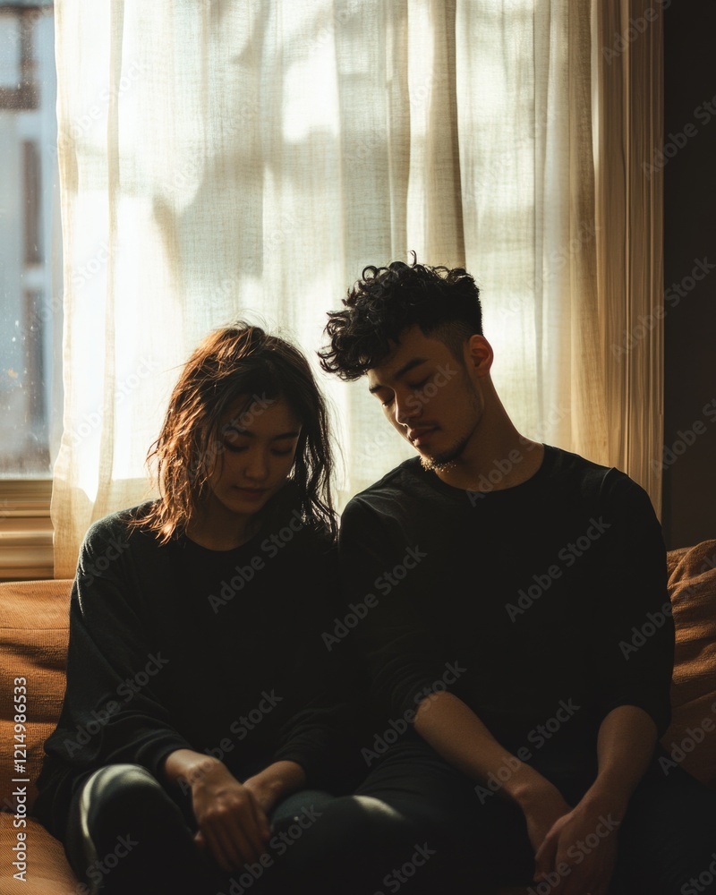 Fototapeta premium Saint Valentine. Sheer curtains filter sunlight as a young couple prays together on a cozy sofa.