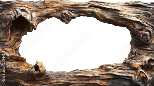 A piece of weathered wood with an irregular hole in the center forms a natural frame. photo