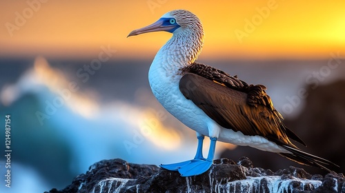 Blue footed booby standing a rocky cliff above the ocean its bright blue feet glowing under the soft morning sun with waves crashing below captured with a telephoto lens for sharp wildlife detail