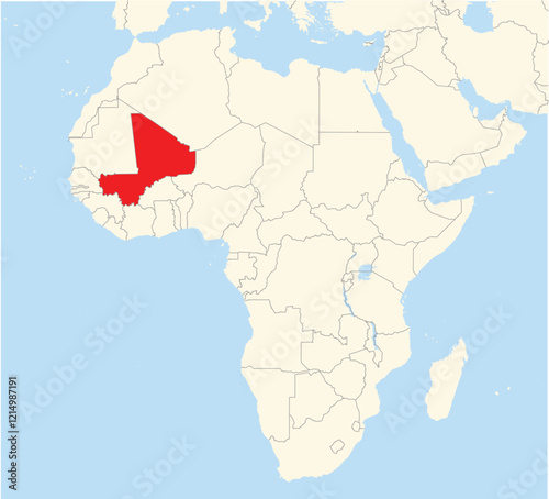 Location Map of the country Mali in Africa. The country is highlighted with a red polygon. No labels at all.