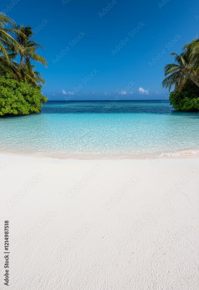 Serene Tropical Island with Soft White Sands and Crystal Clear Waters Under Blue Sky Serene Tropical Island with Soft White Sands and Crystal Clear Waters Under Blue Sky