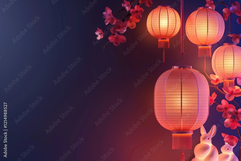 Obraz premium hyper realistic detailed, and blank banner template with text , Mid Autumn Festival , hyper smooth render, banner without text, rule of thirds Intricate Glossy shinny Intricate , Night, Nile Blue,