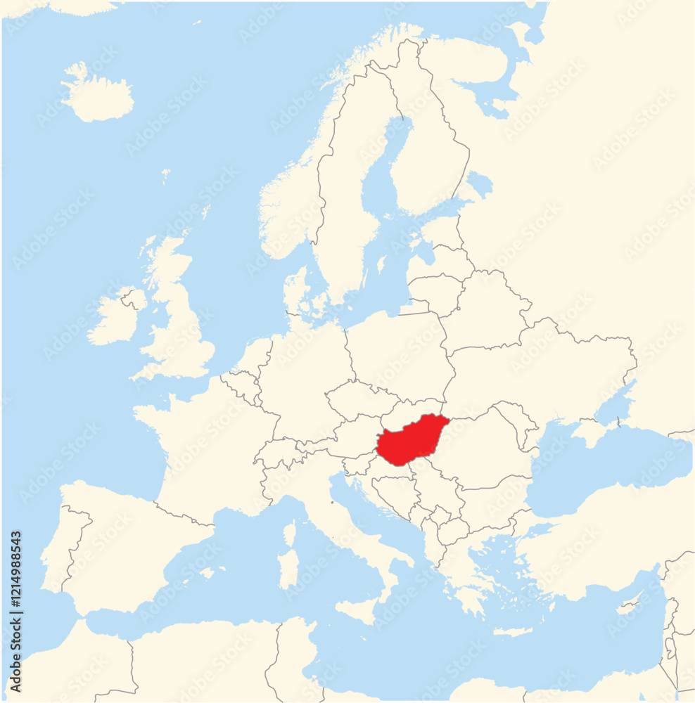 Naklejka premium Location Map of the country Hungary in Europe. The country is highlighted with a red polygon. No labels at all.