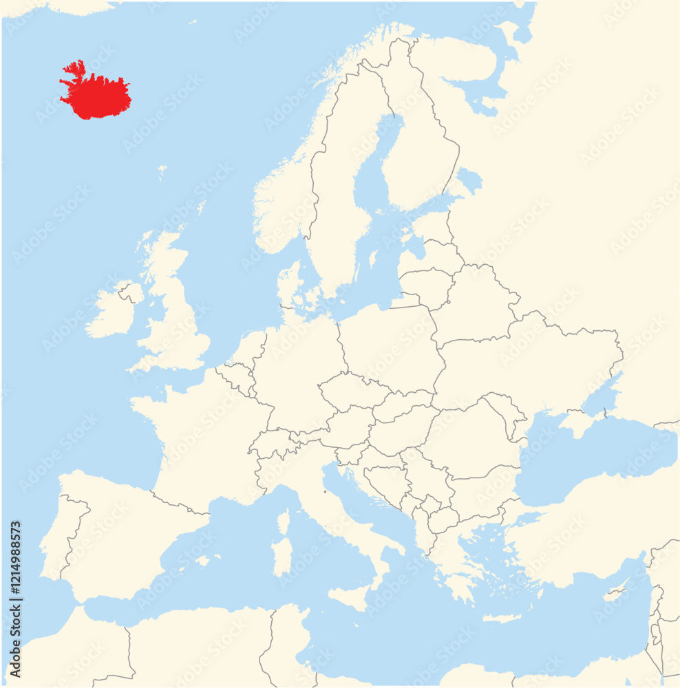 Fototapeta premium Location Map of the country Iceland in Europe. The country is highlighted with a red polygon. No labels at all.