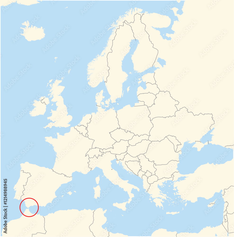 Obraz premium Location Map of the country Gibraltar in Europe. The country is highlighted with a red polygon. No labels at all.