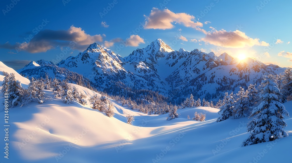 Fototapeta premium Snowy Mountain Landscape with Sunset and Clear Blue Sky