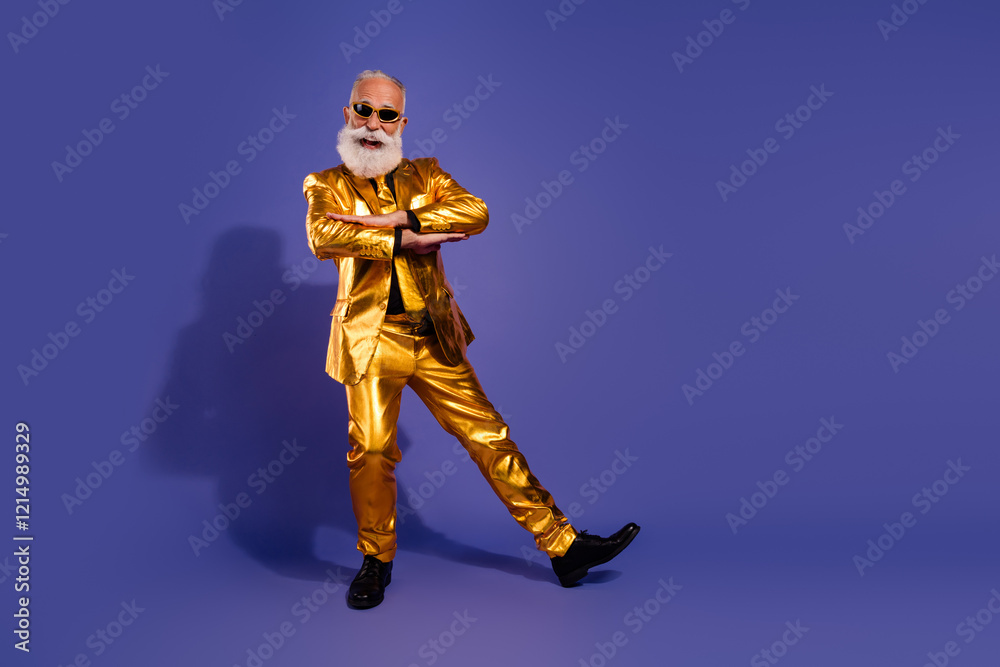 Full length photo of fashionable old showman dancing good mood wear glamour golden garment isolated on violet color background