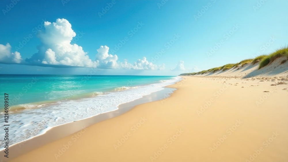 Serene Coastal Scene Azure Waters Meet Golden Sands Under a Summer Sky Serene Coastal Scene Azure Waters Meet Golden Sands Under a Summer Sky