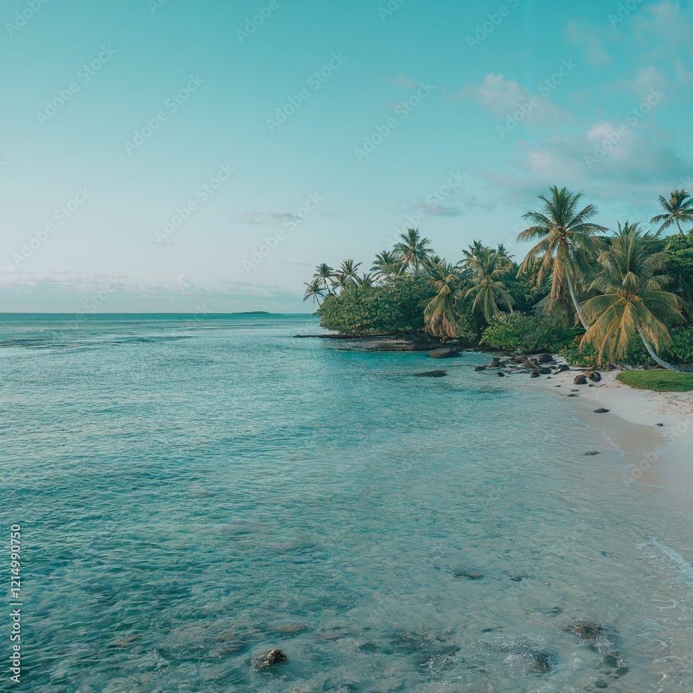 Fototapeta premium Serene Tropical Beach with Gentle Waves and Lush Palm Trees Under Clear Blue Sky and Soft White Clouds in a Tranquil Coastal Paradise