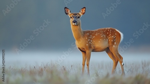 Chinese water deer standing alert a misty meadow at dawn its small tusks visible and glowing faintly in the soft light captured with a telephoto lens for ethereal atmosphere photo