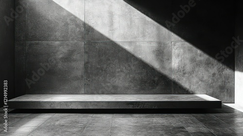 Fototapeta Naklejka Na Ścianę i Meble -  Empty concrete platform in dark room with sunlight beams on tile wall