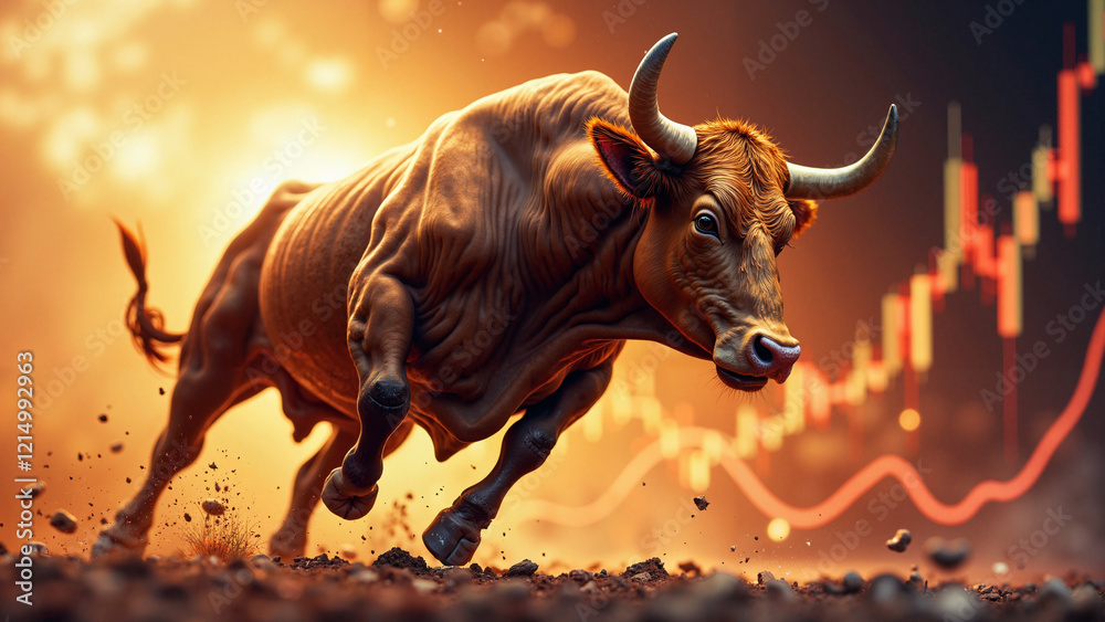 A dynamic stock photo of a powerful bull symbolizing a bullish market trend, ideal for financial publications, investment firms, and stock trading platforms, with vibrant abstract charts and upward A dynamic stock photo of a powerful bull symbolizing a bullish market trend, ideal for financial publications, investment firms, and stock trading platforms, with vibrant abstract charts and upward