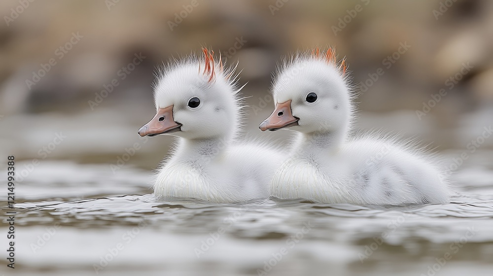 Two fluffy ducklings swim, wetland background, nature scene Two fluffy ducklings swim, wetland background, nature scene