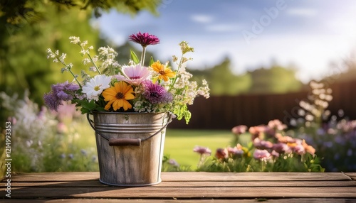Wallpaper Mural Rustic Vintage Bucket Filled with Blooming Garden Flowers, Creating a Charming Outdoor Decoration Torontodigital.ca