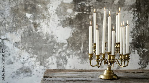 A detailed arrangement of a vintage brass candle holder with tall white candles on a rustic wooden table photo