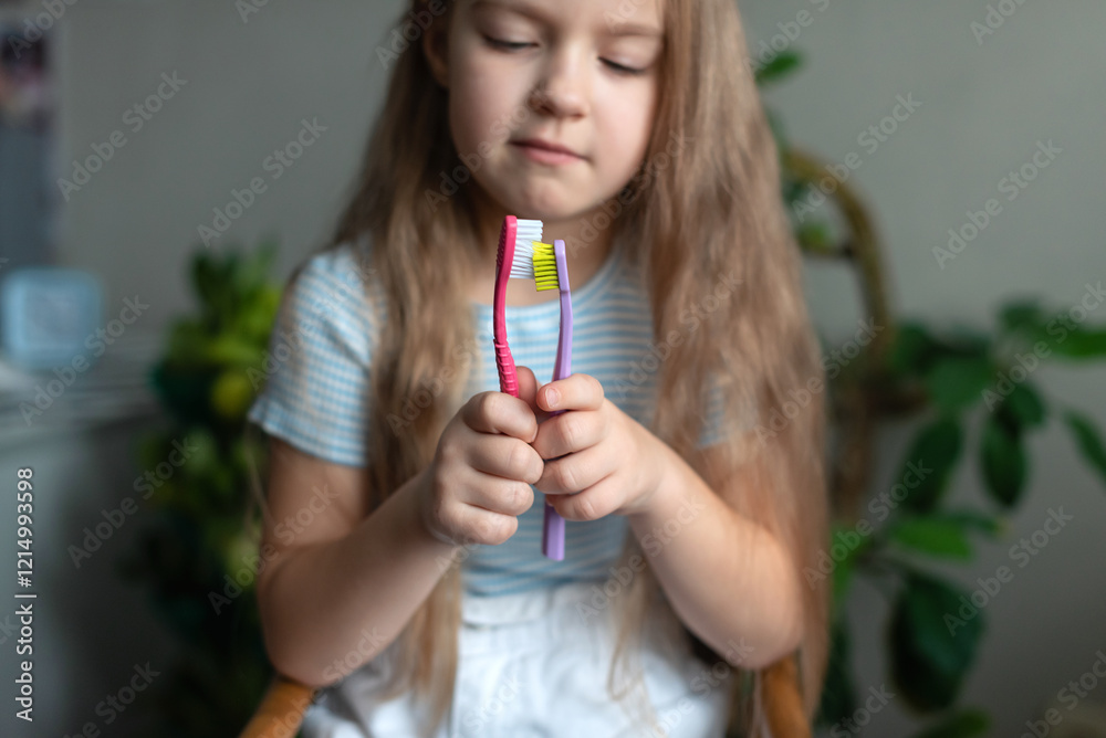 Young caucasian girl holding colorful toothbrushes in a bright room Young caucasian girl holding colorful toothbrushes in a bright room