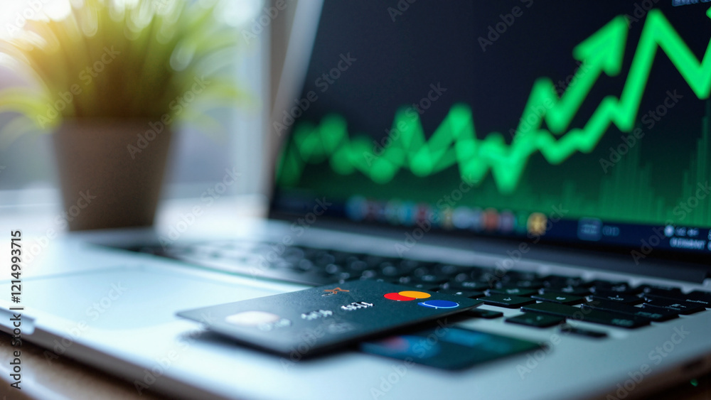 Modern Laptop Keyboard with Bank Card and Forex Trading Chart for Financial Technology and Investment Marketing Modern Laptop Keyboard with Bank Card and Forex Trading Chart for Financial Technology and Investment Marketing