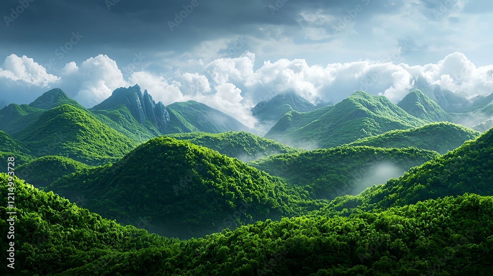 Obraz premium Lush Green Mountains Under Dramatic Cloudy Sky in Nature Landscape