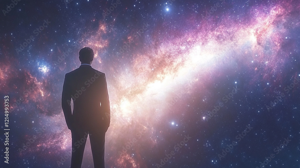 A back view silhouette of a man in a space concept background, highlighting the universe, astronomy, and the night sky, with abstract and minimalistic elements, bright tones, and a blurred cosmic atmo A back view silhouette of a man in a space concept background, highlighting the universe, astronomy, and the night sky, with abstract and minimalistic elements, bright tones, and a blurred cosmic atmo