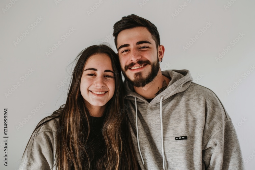 Portrait of a satisfied couple in their 20s wearing a zip-up fleece hoodie isolated in white background