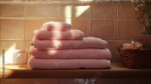A stack of pink towels on the bathroom counter, bathed in warm sunlight, evokes an atmosphere that feels inviting and comfortable for relaxation after steam therapy or facial treatment.