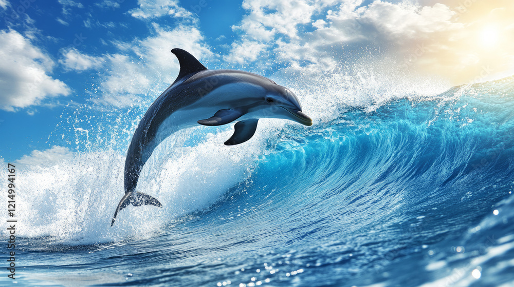 Obraz premium Graceful dolphin leaping out of the ocean waves under a bright blue sky