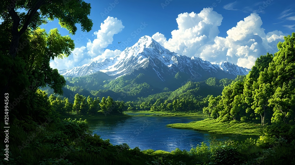 Serene Mountain Landscape with Lush Green Forest and Calm Lake Serene Mountain Landscape with Lush Green Forest and Calm Lake