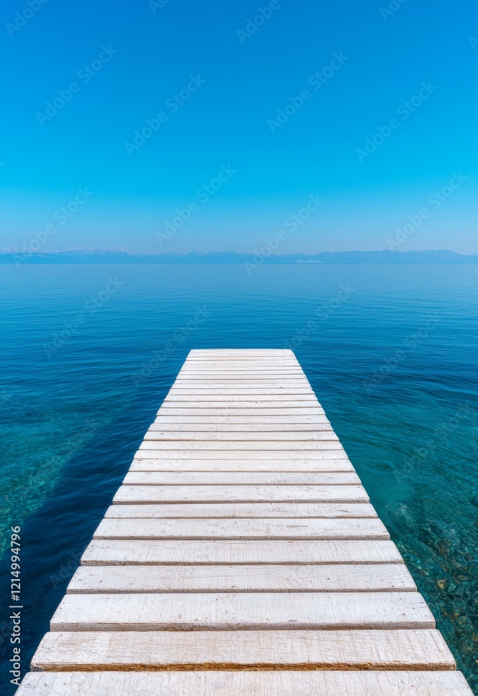 Obraz premium Tranquil Beach Jetty Stretching Into Calm Turquoise Waters Under Clear Blue Sky
