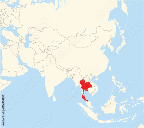 Location Map of the country Thailand in Asia. The country is highlighted with a red polygon. No labels at all.