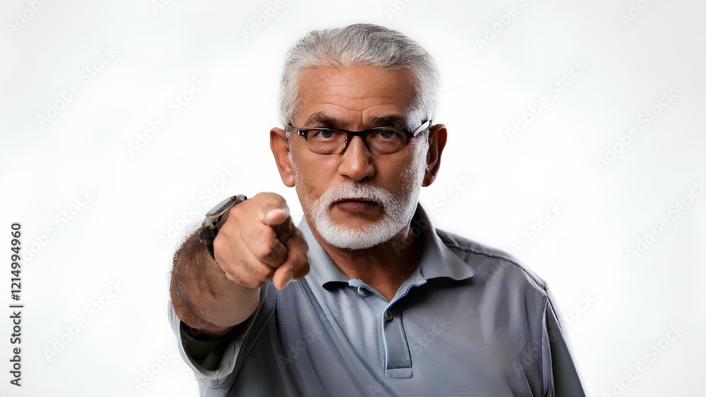 Fototapeta premium Angry grandpa pointing his index finger directly at the camera expressing frustration and power on a white background. The essence of strictness and the importance of being heard.