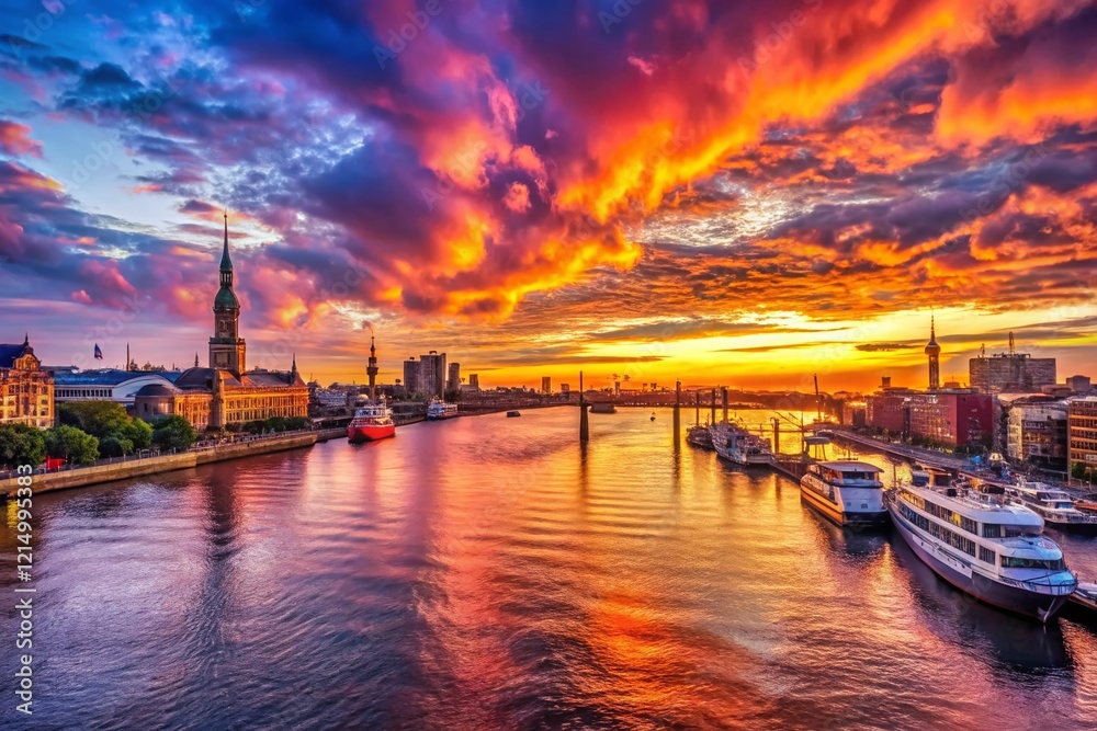 Fototapeta premium Hamburg Sunset: Colorful Sky over Elbe River Panorama