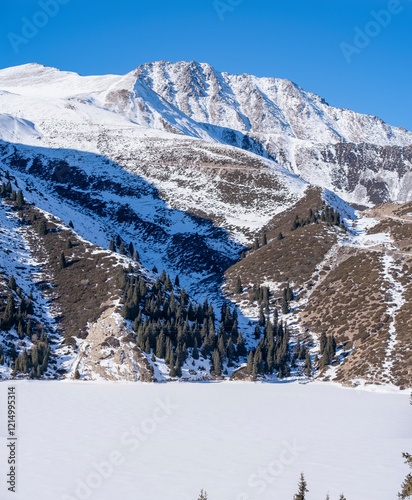 Beautiful winter landscape high in the mountains not far from Almaty, 