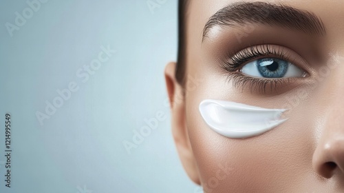 lose-up of a woman’s eye with under-eye cream applied, highlighting beauty and hydration. Perfect for advertising skincare routines or under-eye treatment products photo