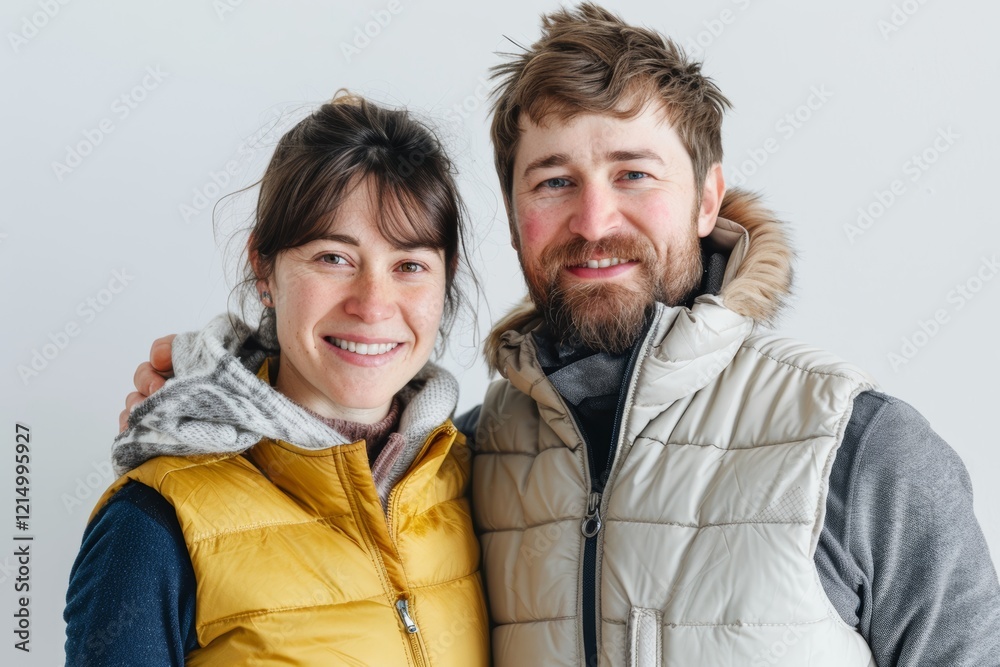Portrait of a happy couple in their 30s dressed in a water-resistant gilet isolated on white background Portrait of a happy couple in their 30s dressed in a water-resistant gilet isolated on white background