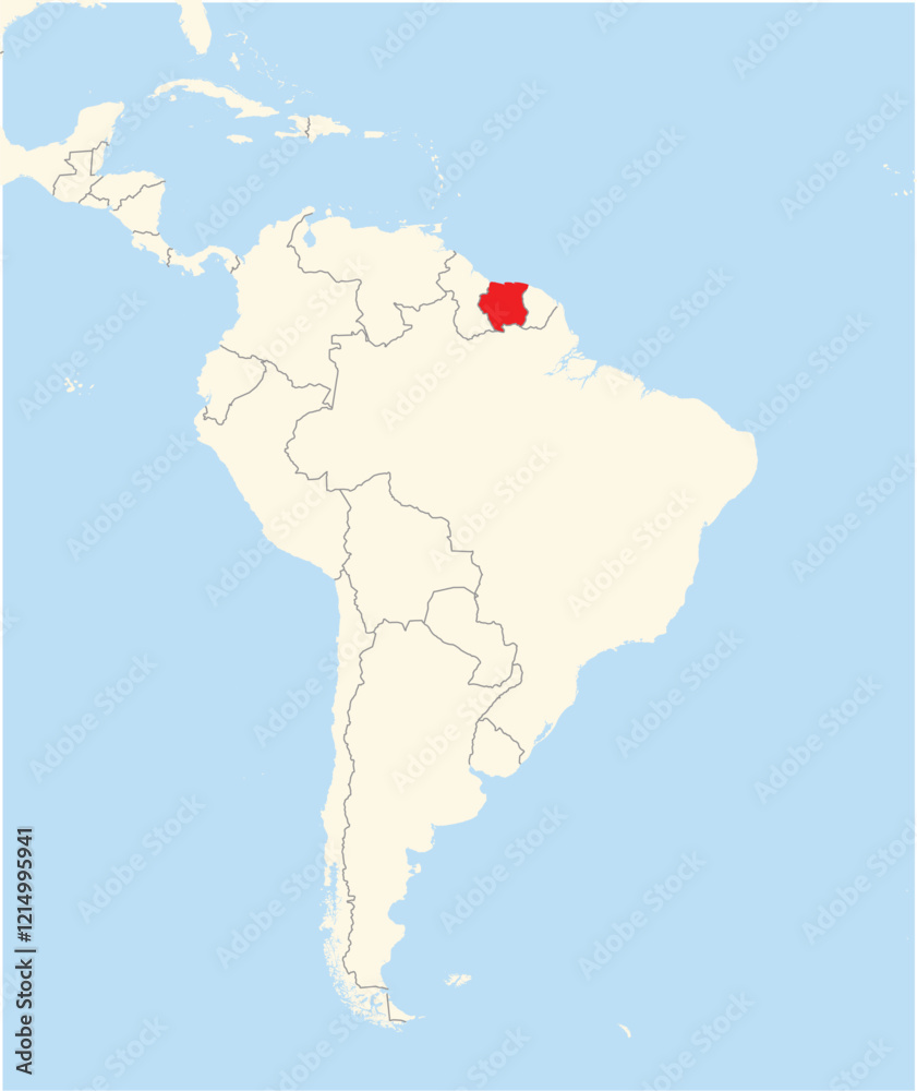 Fototapeta premium Location Map of the country Suriname in South America. The country is highlighted with a red polygon. No labels at all.