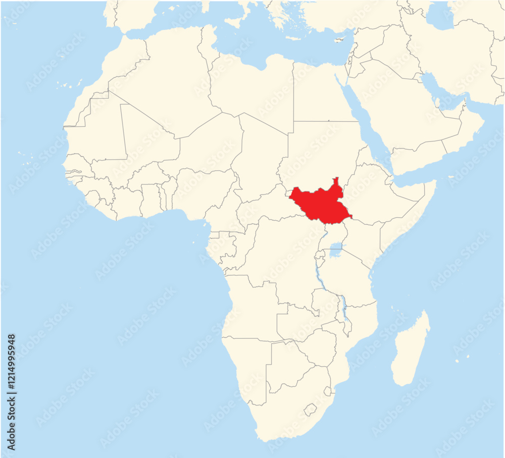 Obraz premium Location Map of the country South Sudan in Africa. The country is highlighted with a red polygon. No labels at all.