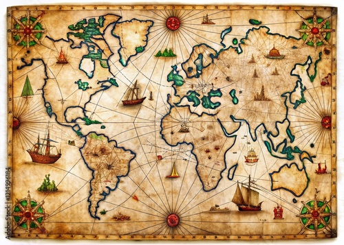 Hand-Drawn Map of 15th Century Transatlantic Voyage, Columbus Expedition, Exploration, Cartography, Vintage Illustration