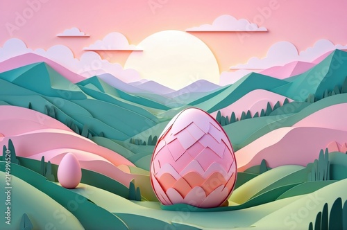 Colorful abstract paper cut easter egg(s) illustration with dreamy fantasy landscape and pastel colors decoration, seasonal holiday, culture and religion theme concept texture design.
 photo