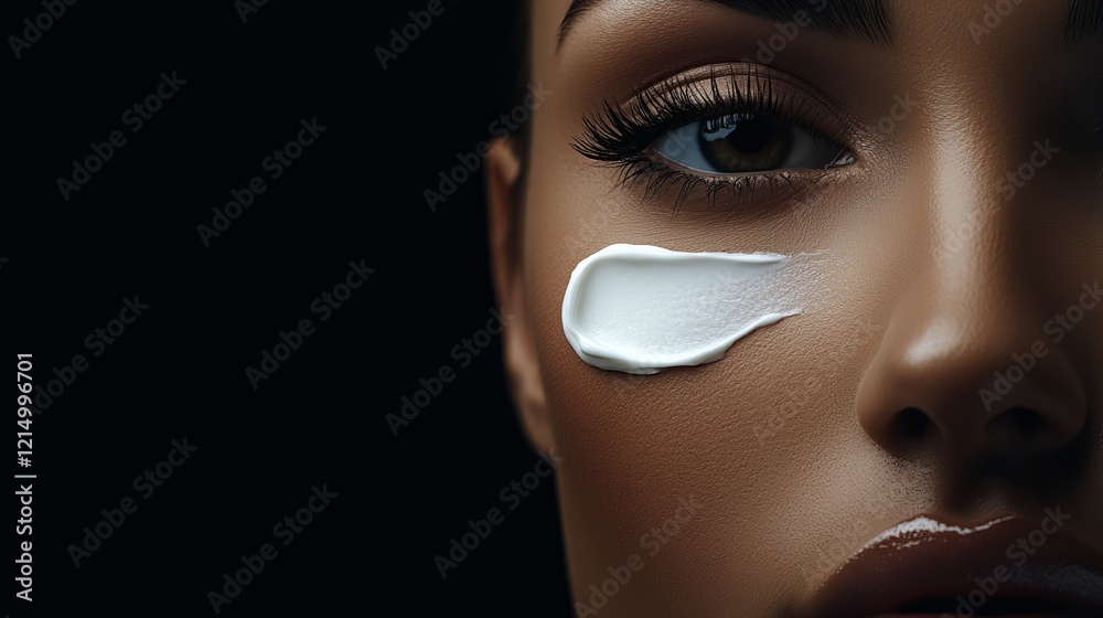 Fototapeta premium Close-up of a woman's face with under-eye cream applied, showcasing hydration and skincare for radiant, healthy skin. Ideal for beauty and wellness product promotions
